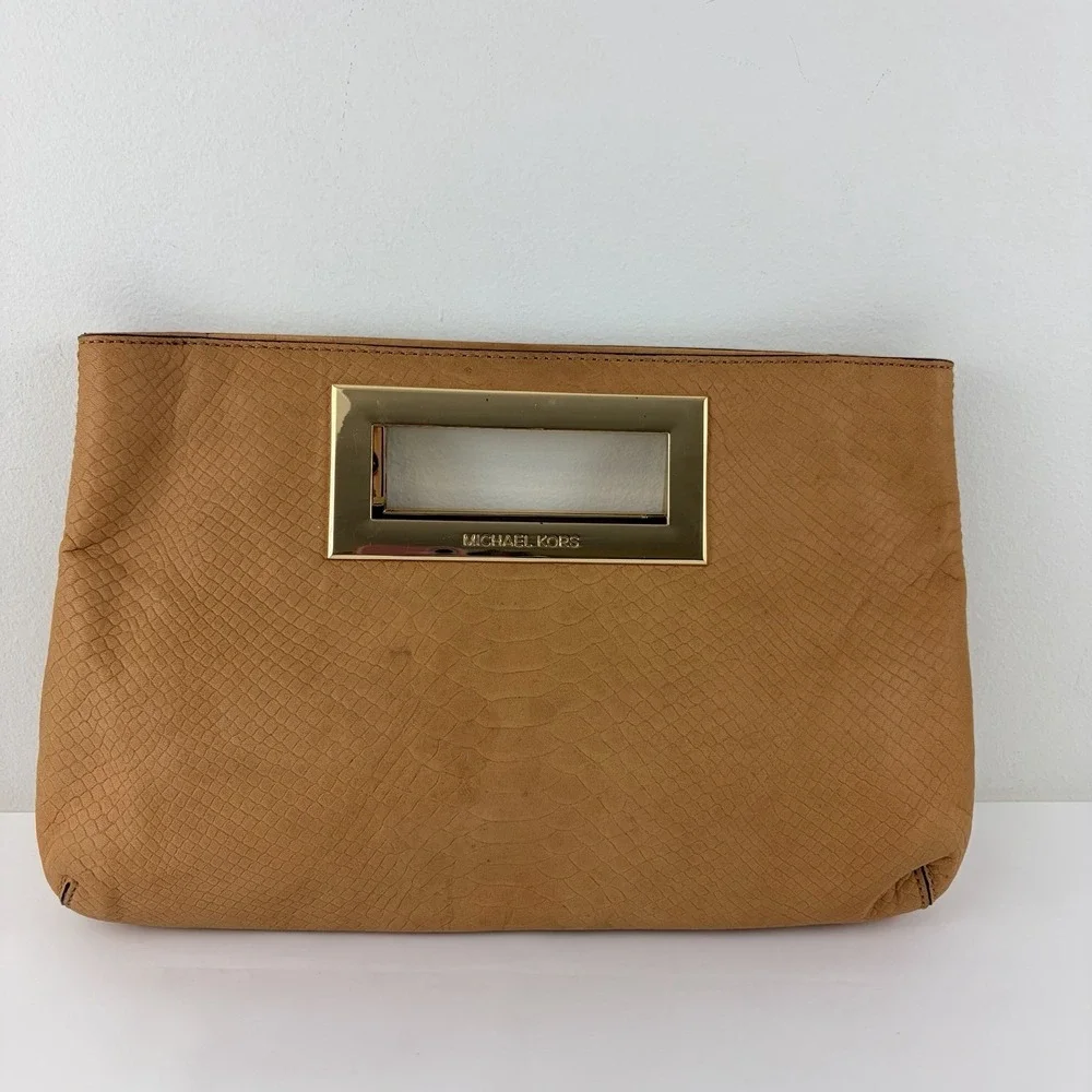 Michael Kors Tan Snakeskin Embossed‎ Leather Clutch Gold Frame
